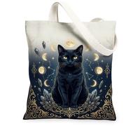 Sac fourre-tout en toile gothique chat céleste mystique 33 x 38 cm | Phases de lune céleste, grappes de cristal, bordures florales gothiques, atmosphère mystique, symbolisme occulte