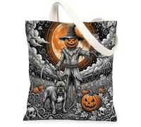 Sac fourre-tout en toile Halloween avec bouledogue français pour le shopping, 33 x 38 cm, épouvantail de vacances, sac d'épicerie réutilisable pour femme, peinture de chouette, décoration cadeau