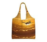 Sac fourre-tout en toile imprimé avion au coucher du soleil - Sac à main à bandoulière - Grande capacité, Noir , Taille unique