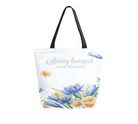 Sac fourre-tout en toile jaune bleu floral femme sac de plage bouquet de printemps fleurs sauvages sac à bandoulière grand sac à main réutilisable léger pour le shopping, les courses, les voyages