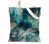 Sac fourre-tout en toile marbrée pour femme, motif abstrait élégant, bleu, doré, bleu sarcelle, lavable et réutilisable, idéal pour la famille, les amis, les collègues, la lecture, les amours, 33 x