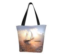 Sac fourre-tout en toile motif bateau à voile blanc au coucher du soleil avec imprimé sur toute la surface, grand sac fourre-tout réutilisable avec double poignées, sac de plage, sac de week-end