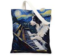 Sac fourre-tout en toile motif Border Collie pour le shopping, 33 x 38 cm, motif piano étoilé, sac d'épicerie réutilisable pour femme, animal domestique, chiot, travail, voyage, décoration cadeau