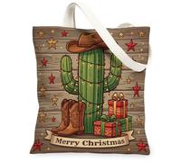 Sac fourre-tout en toile Motif cactus de Noël occidental 33 x 38 cm | Chapeau de cowboy occidental, guirlande lumineuse festive, fond en bois rustique, boîtes cadeaux de vacances