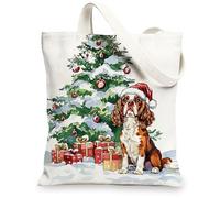 Sac fourre-tout en toile motif cavalier King Charles Spaniel de Noël pour faire du shopping, 33 x 38,1 cm, sac d'épicerie réutilisable pour femme, chien, travail, voyage, peinture, décoration cadeau