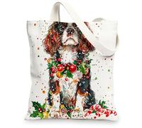 Sac fourre-tout en toile motif cavalier King Charles Spaniel de Noël pour faire du shopping, 33 x 38,1 cm, sac d'épicerie réutilisable pour femme, motif chien travail, voyage, décoration cadeau