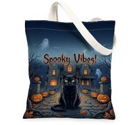 Sac fourre-tout en toile motif chat, citrouilles effrayantes, fantômes, Halloween, sac d'épicerie noir 33 x 38 cm, noir, 13x15 Inch