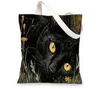 Sac fourre-tout en toile motif chat motif floral félin réutilisable sacs à provisions légers et écologiques lavables, noir, 13x15 Inch