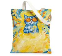 Sac fourre-tout en toile motif chat pour femme, lunettes de soleil ludiques, limonade, jaune d'été, lavable, réutilisable, pour shopping, brunch, parc, bibliothèque, excursions d'une journée, 33 x 38