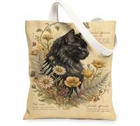 Sac fourre-tout en toile motif chat pour femme, vintage botanique, chrysanthème papillon, printemps, noir, lavable, réutilisable, pour shopping, brunch, parc, bibliothèque, excursions d'une journée