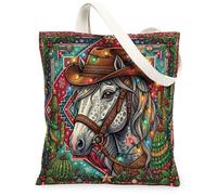 Sac fourre-tout en toile motif cheval de Noël occidental 33 x 38 cm | Thème occidental, guirlande lumineuse, décoration cactus, motif sud-ouest, esprit de vacances