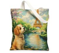 Sac fourre-tout en toile motif chien de printemps Bretagne pour faire du shopping 33 x 38,1 cm, sac d'épicerie réutilisable en tissu à bandoulière pour femme, peinture d'animaux domestiques