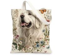 Sac fourre-tout en toile motif chien des Pyrénées printanières 33 x 38 cm, sac d'épicerie réutilisable vintage pour femme, animal de compagnie, motif de voyage, décoration cadeau