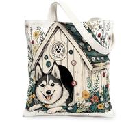 Sac fourre-tout en toile motif chien husky printanier 33 x 38,1 cm, niche amusante pour chiot, sac d'épicerie réutilisable, sac d'épicerie pour femme, animal de compagnie, plage, esthétique