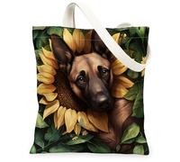 Sac fourre-tout en toile motif chien malinois belge printanier 33 x 38,1 cm, sac d'épicerie réutilisable avec motif imprimé de feuille de tournesol, chiot pour femme, animal de compagnie, peinture