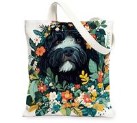 Sac fourre-tout en toile motif chien portugais printanier 33 x 38,1 cm, sac d'épicerie réutilisable avec motif imprimé de plantes, fleurs, chiot pour femme, joli motif feuille d'animal domestique