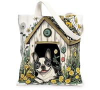 Sac fourre-tout en toile motif chien terrier de Boston pour faire du shopping, 33 x 38,1 cm, niche amusante pour chiot, sac d'épicerie réutilisable, sac d'épicerie pour femme, animal de compagnie