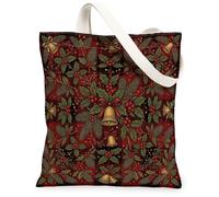 Sac fourre-tout en toile Motif cloches de Noël 33 x 38 cm | Cloches dorées, baies rouges, feuilles de houx, tartan écossais, saisonnier d'hiver, esthétique traditionnelle