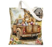 Sac fourre-tout en toile motif écureuil de Pâques pour faire du shopping, 33 x 38,1 cm, camion de ferme, œufs, sac d'épicerie réutilisable pour femme, ferme de campagne, peinture esthétique