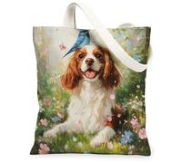 Sac fourre-tout en toile motif épagneul Cavalier King Charles pour le shopping, 33 x 38,1 cm, sac d'épicerie réutilisable pour femme, peinture de chien, décoration cadeau