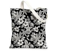 Sac fourre-tout en toile motif étoile de mer pour femme, fleur botanique tropicale, feuilles, été, noir, lavable, réutilisable, idéal pour le shopping, le bureau, la bibliothèque, décontracté, 33 x