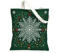 Sac fourre-tout en toile Motif flocon de neige et houx 33 x 38 cm | Feuilles de houx, étoiles dorées, feuillage d'hiver, esthétique saisonnière, motif botanique