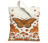 Sac fourre-tout en toile Motif papillon de nuit d'automne et champignon 33 | Imprimé papillon de nuit automnal, citrouilles, champignons sauvages, feuilles d'érable tombantes, thème botanique bohème
