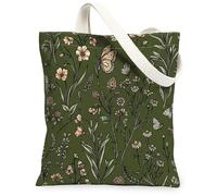Sac fourre-tout en toile motif papillon pour femme, fleurs naturelles printanières, feuilles, vert, lavable, réutilisable, idéal pour la famille, les amis, les collègues, la lecture, les amours, 33 x