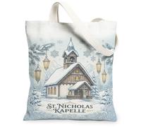 Sac fourre-tout en toile Motif scène de chapelle d'hiver 33 x 38 cm | Paysage enneigé, lanternes lumineuses, branches de pin, rouleau complexe, esthétique saisonnière