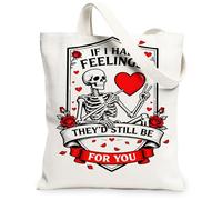 Sac fourre-tout en toile motif squelette de Saint Valentin, motif floral, réutilisable, léger et lavable avec bandoulière, blanc, 13x15 Inch