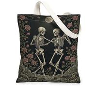 Sac fourre-tout en toile motif squelettes pour femme, gothique, romantique, rose, lune, Halloween, noir, lavable, réutilisable, sac fourre-tout esthétique pour l'extérieur, les voyages, le travail, la