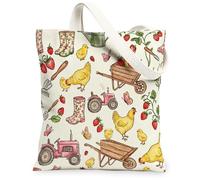 Sac fourre-tout en toile pour femme, ferme rustique, fraise, tracteur, jaune printemps, lavable, réutilisable, pour shopping, brunch, parc, bibliothèque, excursions d'une journée, 33 x 38 cm