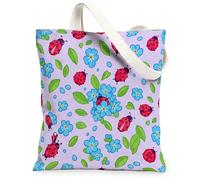 Sac fourre-tout en toile pour femme, motif coccinelle, fleur, feuille, printemps violet clair, lavable, réutilisable, petit sac fourre-tout idéal pour les courses, le bureau, la bibliothèque