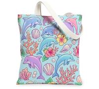 Sac fourre-tout en toile pour femme, motif dauphin, fleur de corail espiègle, bleu d'été, lavable et réutilisable, idéal pour la famille, les amis, les collègues, la lecture, les amours, 33 x 38,1 cm