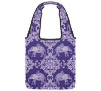 Sac fourre-tout en toile pour femme, motif éléphants indiens et éléments floraux, violet, sac fourre-tout réutilisable pour les courses, le travail, Multicolore 05, 14.1x14.9in/36x38cm