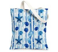 Sac fourre-tout en toile pour femme, motif étoiles de mer, coquillages, cœurs, bleu d'été, lavable, réutilisable, idéal pour l'extérieur, les voyages, le travail, la lecture, 33 x 38,1 cm
