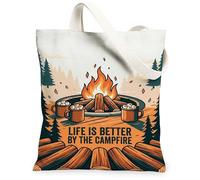 Sac fourre-tout en toile pour femme, motif feu de camp, tasses rustiques, bûches, orange automne, lavable, réutilisable, idéal pour l'extérieur, les voyages, le travail, la lecture, 33 x 38,1 cm
