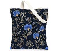 Sac fourre-tout en toile pour femme, motif floral élégant, bourgeon de feuille, bleu marine, lavable et réutilisable, idée de sac d'épicerie pour la famille et les amis, bleu marine, 13x15 Inch