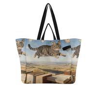 Sac fourre-tout en toile pour femme - Sac d'épicerie pour demoiselle d'honneur - Chat avec ailes de papillon sur livres