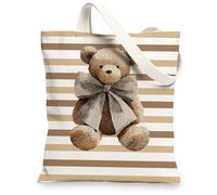 Sac fourre-tout en toile rayée, motif ours mignon, sac d'épicerie, sac d'épicerie réutilisable, vintage chic, léger et lavable, bandoulière pour voyage, beige, 13x15 Inch