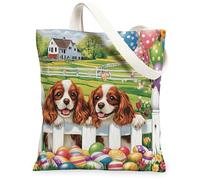 Sac fourre-tout en toile réutilisable avec imprimé chien Cavalier King Charles Spaniel de Pâques 33 x 38,1 cm, motif chien de ferme, clôture, chiot pour femme, campagne plage, peinture esthétique