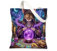 Sac fourre-tout en toile réutilisable avec motif de chat Devon Rex d'Halloween pour faire du shopping, 33 x 38,1 cm, chaton sorcier, tarot, sac d'épicerie réutilisable pour femme, peinture esthétique