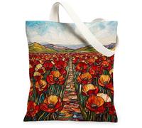 Sac fourre-tout en toile réutilisable avec motif imprimé de coquelicot printanier pour le shopping, 33 x 38,1 cm, motif paysage floral, sac d'épicerie pour femme, paysage naturel, plage, esthétique