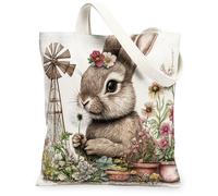Sac fourre-tout en toile réutilisable avec motif lapin printanier pour faire du shopping, 33 x 38,1 cm, motif animal de campagne, ferme, fleurs, plage, esthétique, décoration cadeau