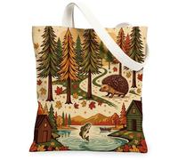 Sac fourre-tout en toile réutilisable pour le camping, motif hérisson, 33 x 38 cm, cabane d'automne et chasse, sac d'épicerie réutilisable pour femme, motif forêt vintage, plage, esthétique