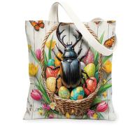 Sac fourre-tout en toile réutilisable pour le shopping, motif cerfs, coléoptères, 33 x 38 cm, panier en bois, sac à bandoulière réutilisable pour femme, peinture d'insectes, décoration cadeau