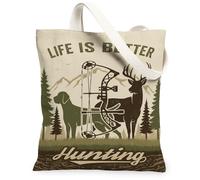 Sac fourre-tout en toile rustique avec citation de chasseur de tir à l'arc | Thème des amateurs de tir à l'arc, paysage sauvage de montagne, graphique rustique de la faune, transport quotidien durable