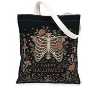 Sac fourre-tout en toile squelette gothique, fleurs décoratives, champignons, Halloween, sacs fourre-tout esthétiques noirs 33 x 38 cm