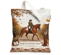 Sac fourre-tout en toile sur le thème de l'équitation d'automne 33 x 38 cm | Thème équestre, feuillage d'automne, scène d'équitation, esthétique rustique, style de vie en plein air