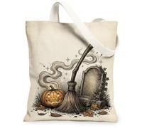 Sac fourre-tout en toile vintage Halloween effrayant Jack-o'-Lantern 33 x | Illustration à l'encre vintage, atmosphère effrayante, esthétique d'automne, balai mystique, pierre tombale recouverte de